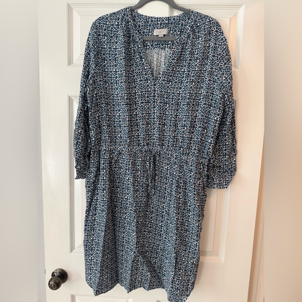 LOFT Geometric Blue and Cream Dress